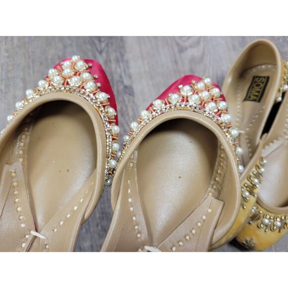 Soma Hand Artisan Made Leather Beaded Velour Pakistan Shoes 6 Flats Red Yellow - Picture 13 of 13